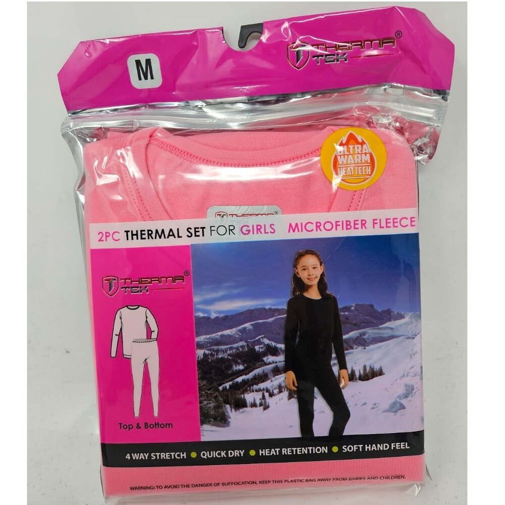 Girls Microfiber Fleece Thermal Long Johns 2-pc Set, Pink